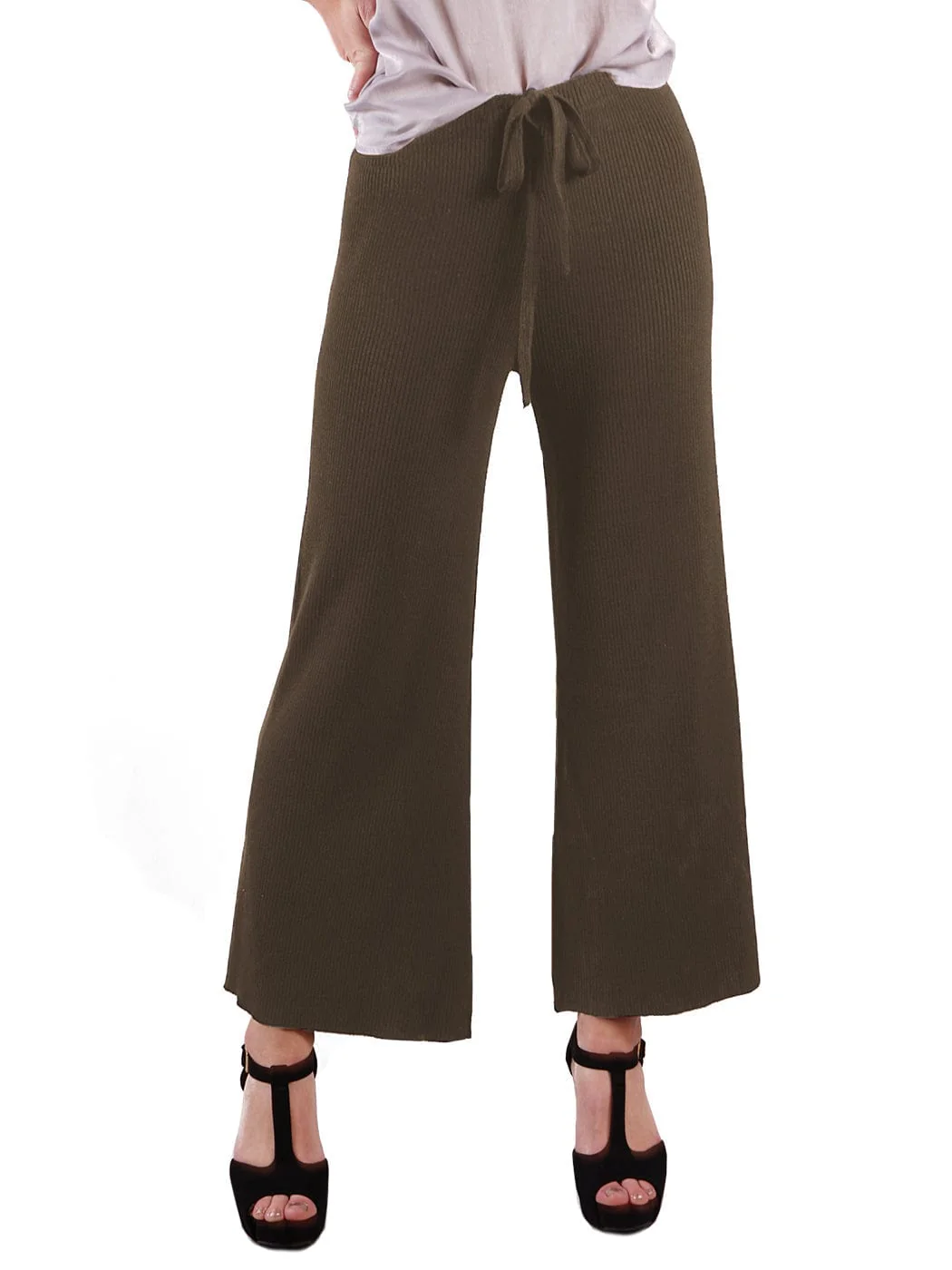 Cropped Wide Leg Pants With Drawstring Waist-Tie - Image 3