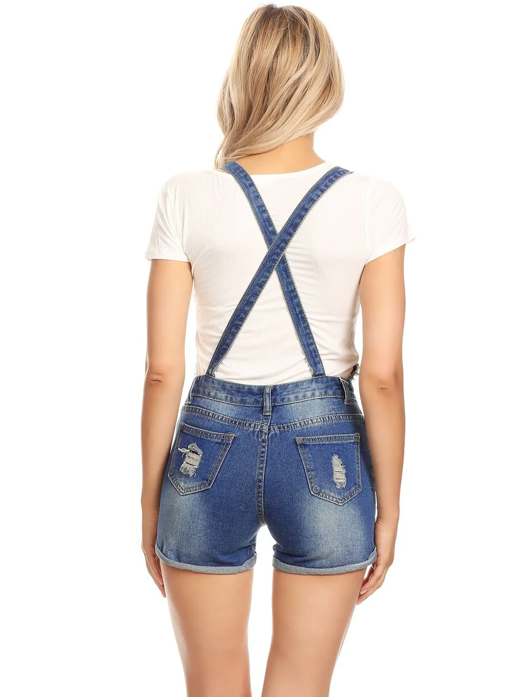 Cross Back Frayed Denim Short Overalls - Image 3