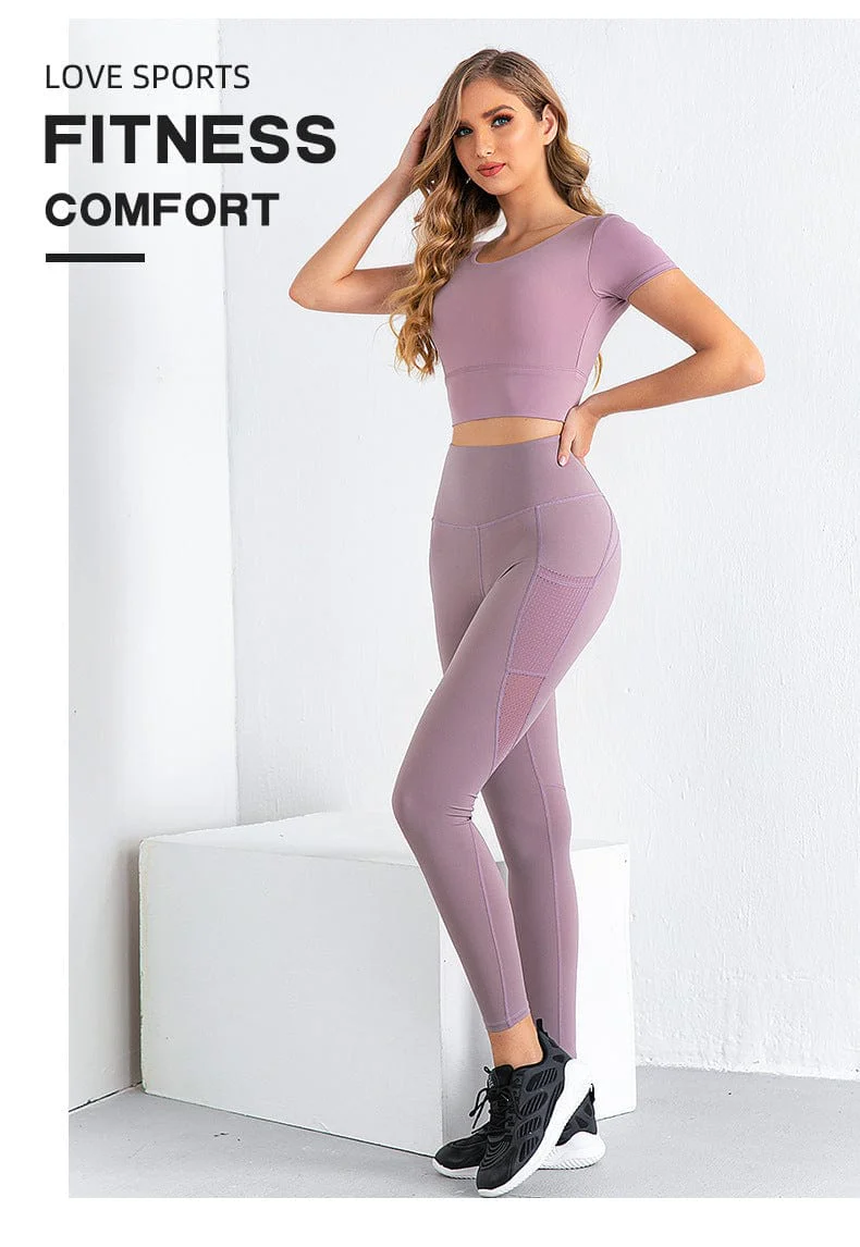 Cross Back Sports Shirt & Leggings Two Piece Workout Set - Image 6