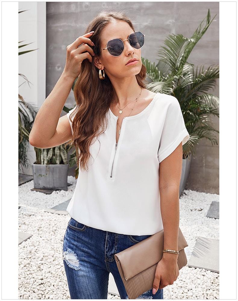 Cuffed Zipper Chiffon Blouse - Image 13