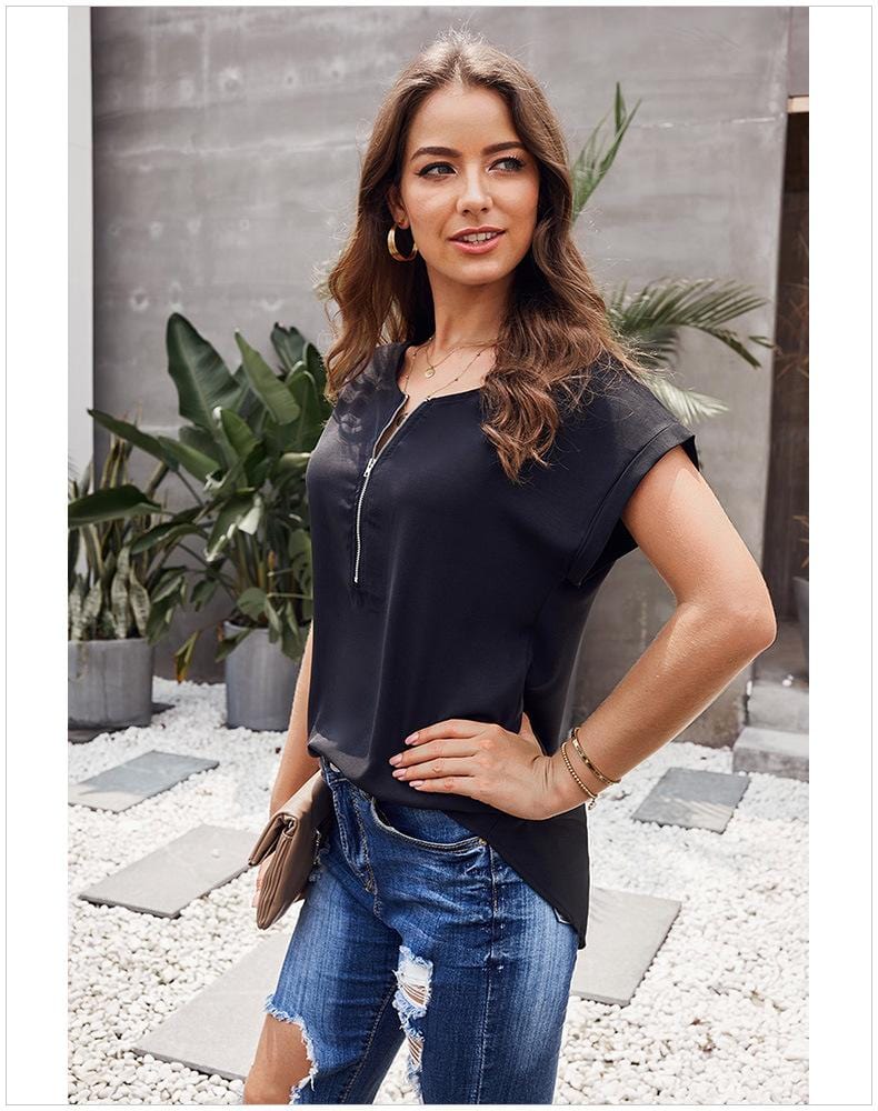Cuffed Zipper Chiffon Blouse - Image 5