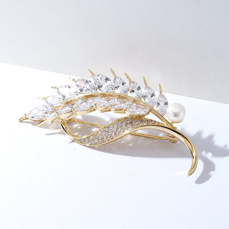 Delicate Wheat Leaf Brooch with Crystals and Pearl - Image 2