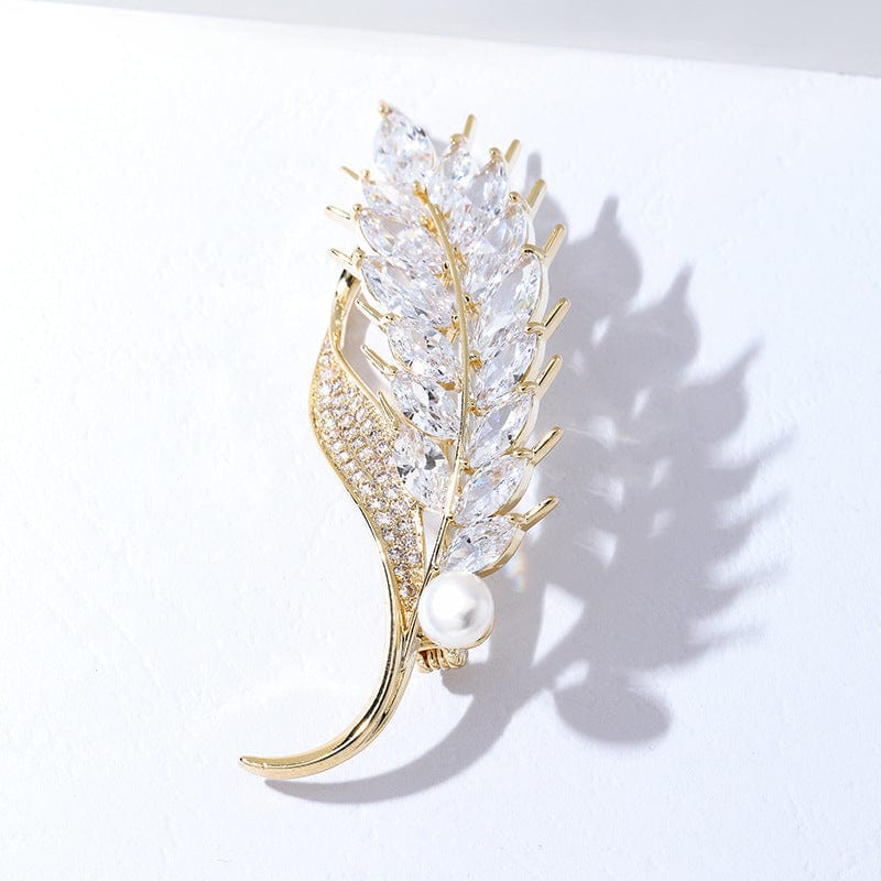 Delicate Wheat Leaf Brooch with Crystals and Pearl - Image 3