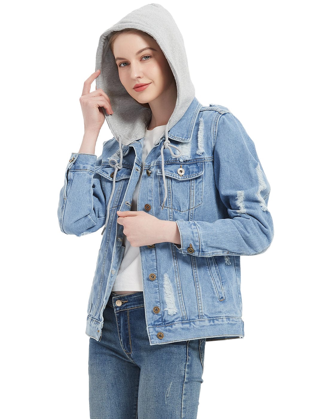 Detachable Hoodie Denim Distressed Jean Jacket - Image 11