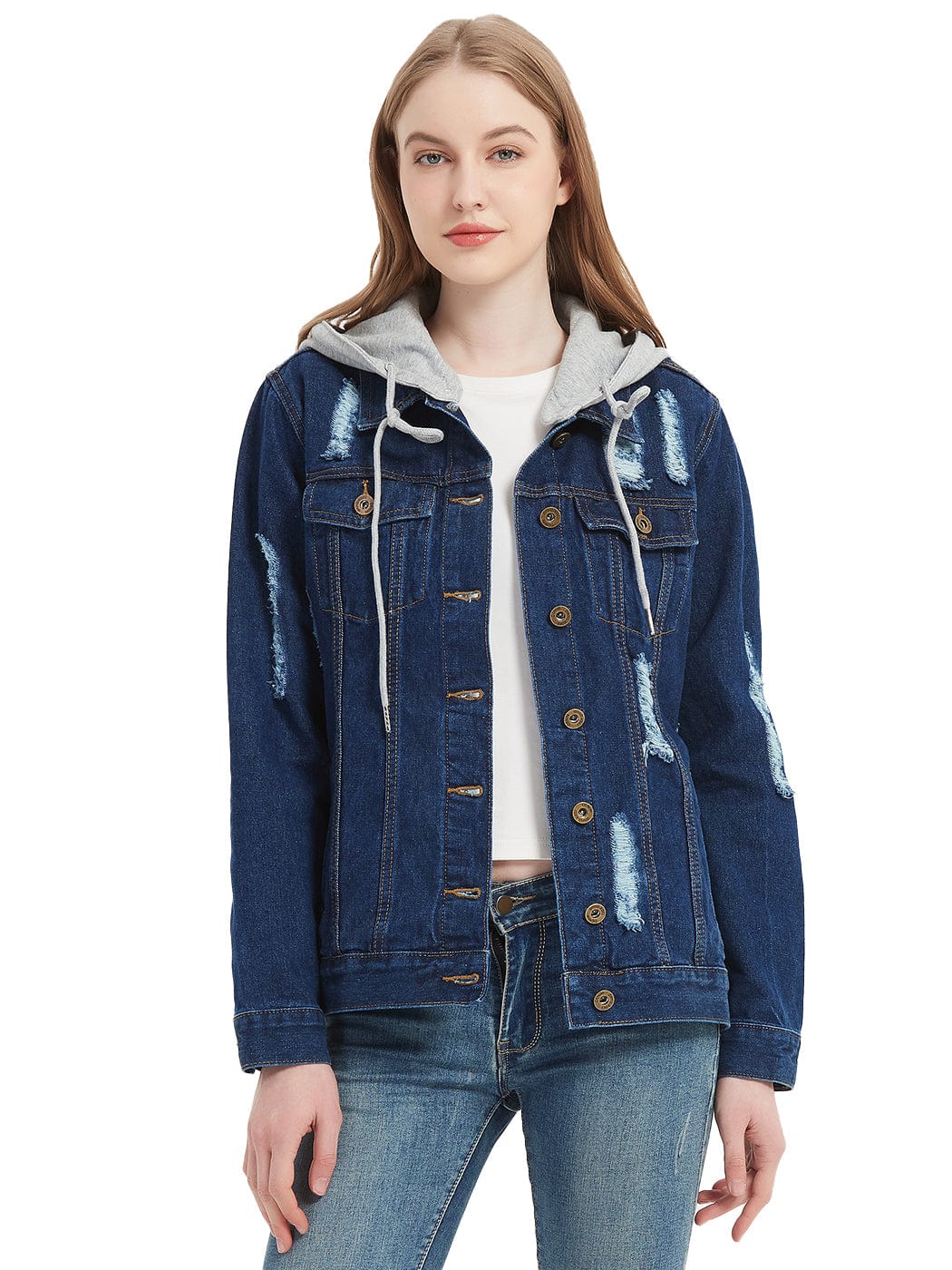 Detachable Hoodie Denim Distressed Jean Jacket - Image 14