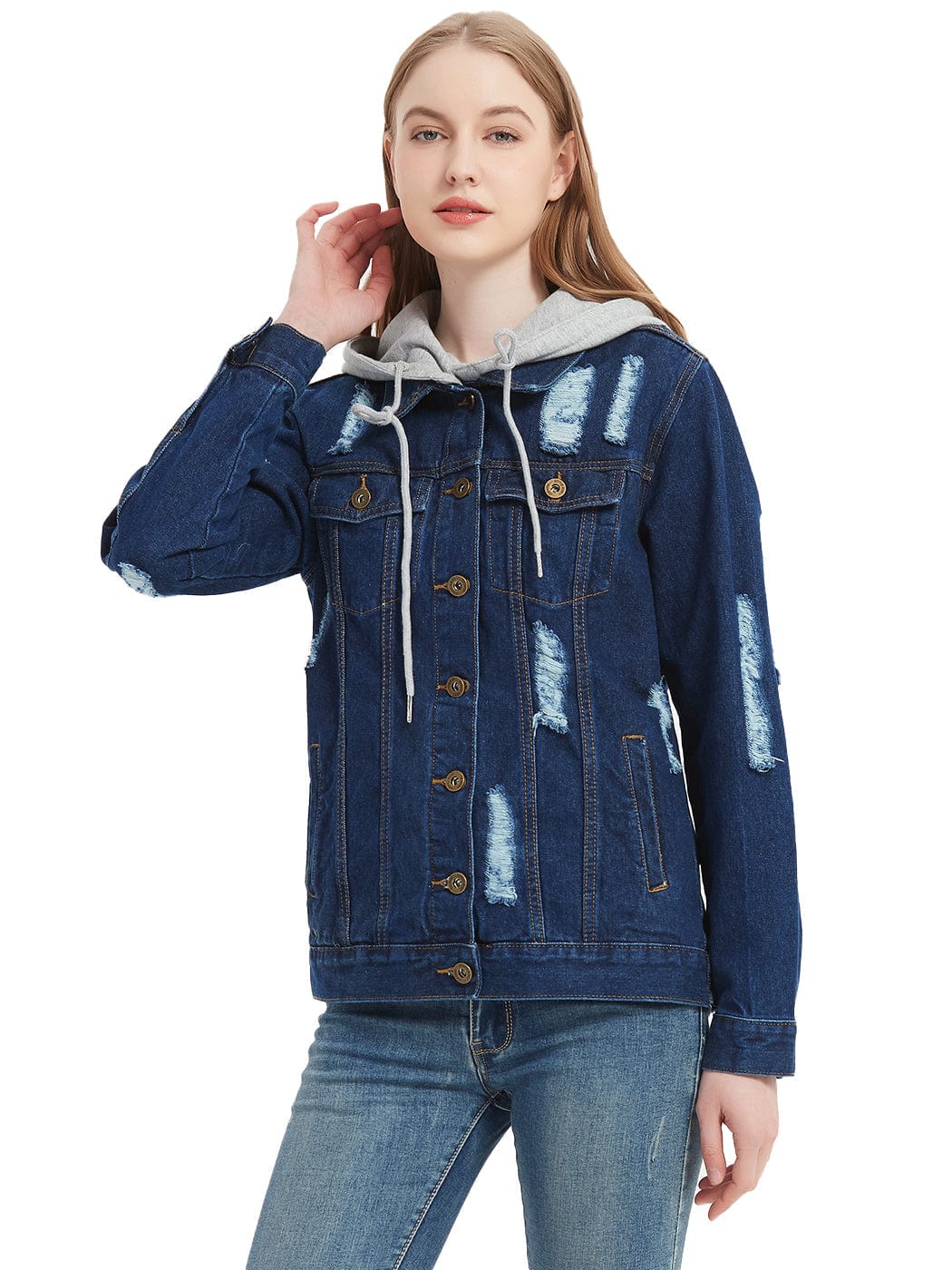 Detachable Hoodie Denim Distressed Jean Jacket - Image 15