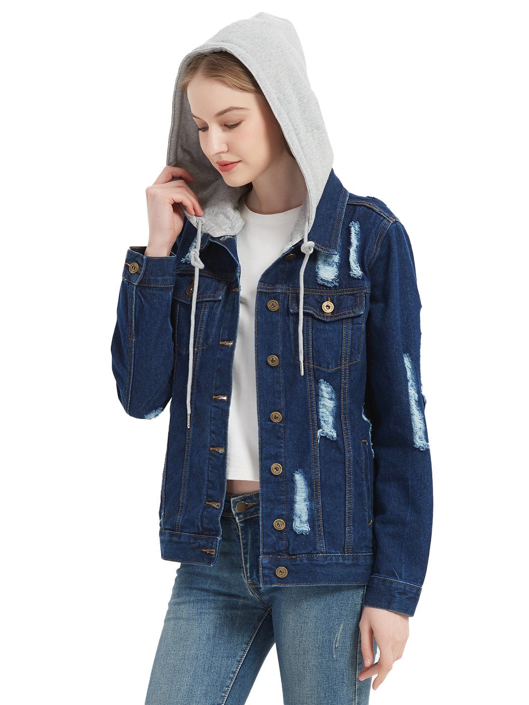 Detachable Hoodie Denim Distressed Jean Jacket - Image 16