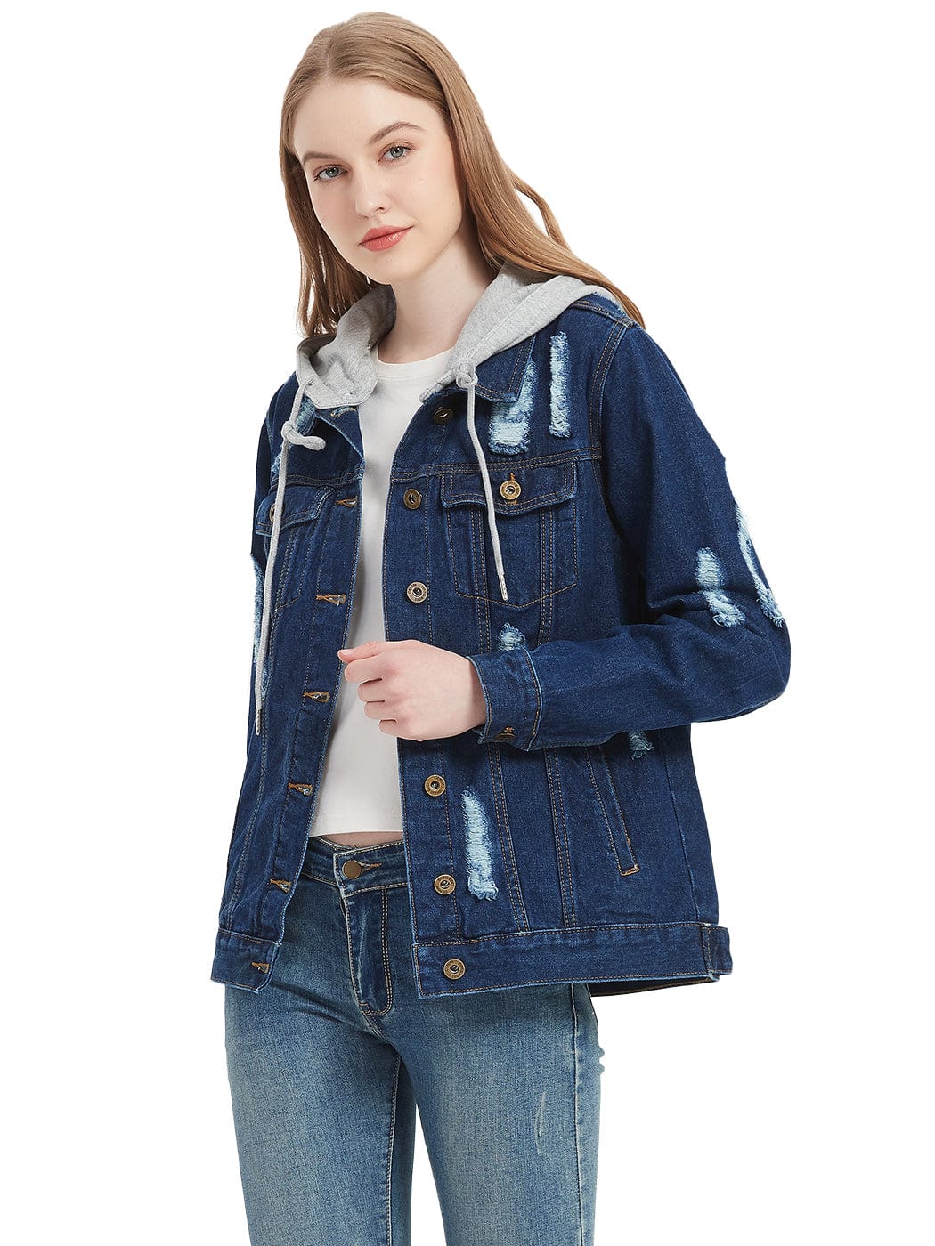 Detachable Hoodie Denim Distressed Jean Jacket - Image 18