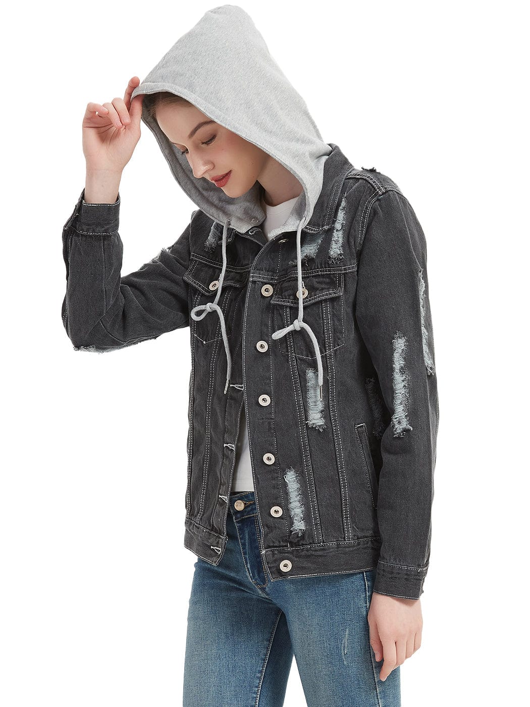 Detachable Hoodie Denim Distressed Jean Jacket - Image 3