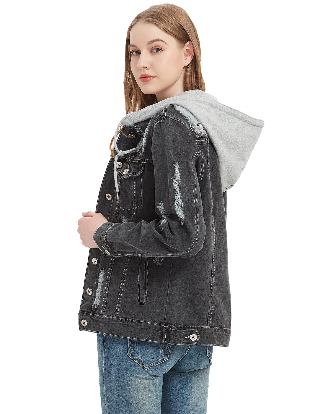 Detachable Hoodie Denim Distressed Jean Jacket - Image 4