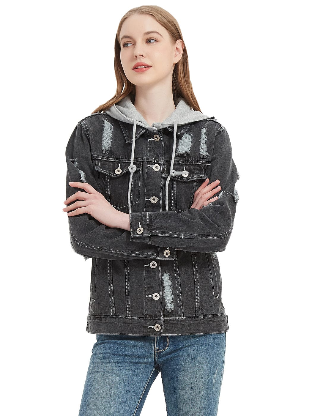 Detachable Hoodie Denim Distressed Jean Jacket - Image 5