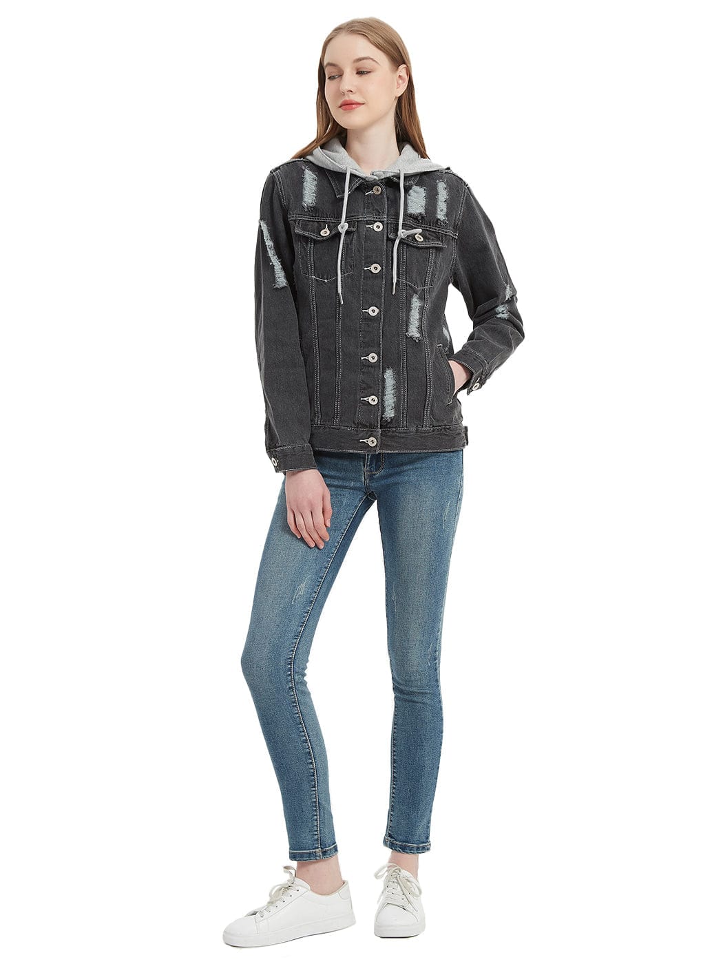 Detachable Hoodie Denim Distressed Jean Jacket - Image 6