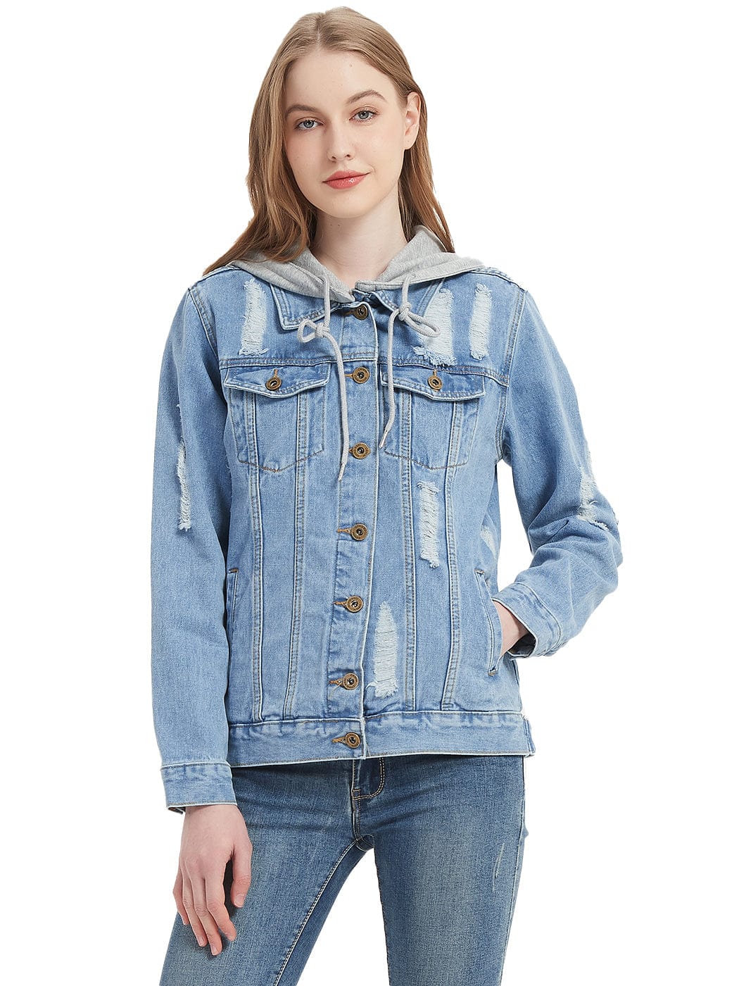 Detachable Hoodie Denim Distressed Jean Jacket - Image 9