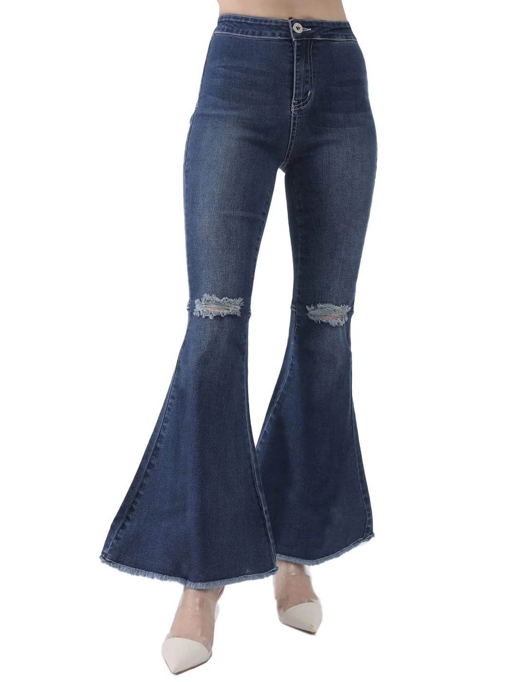 Distressed High Waist Classic Denim Bell Bottom Jeans - Image 3