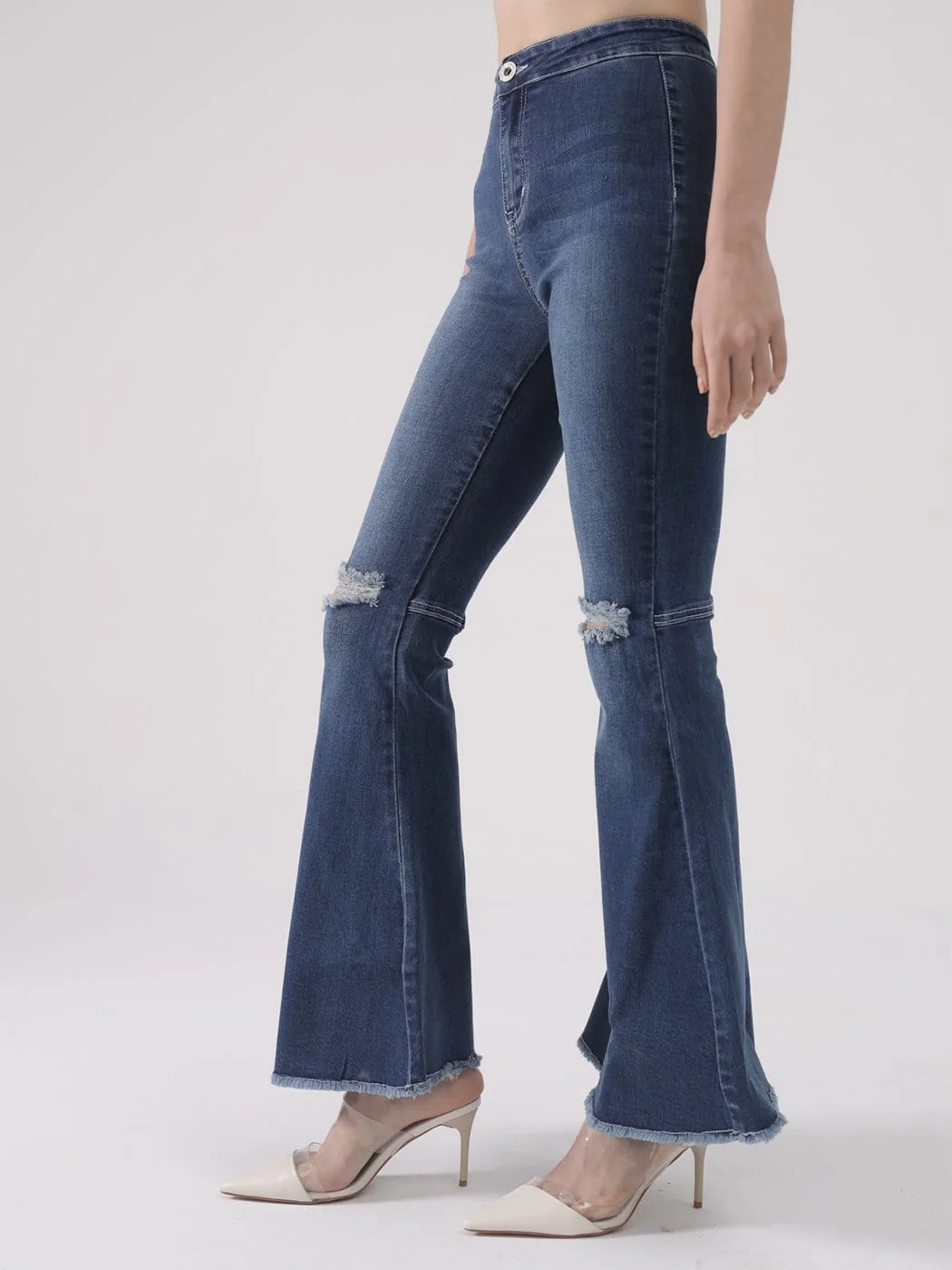 Distressed High Waist Classic Denim Bell Bottom Jeans - Image 4
