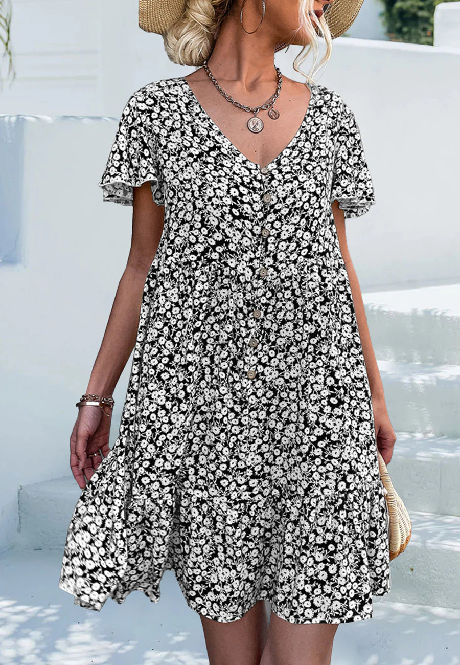 Ditsy Floral Print Flutter Sleeve Dress - Image 11