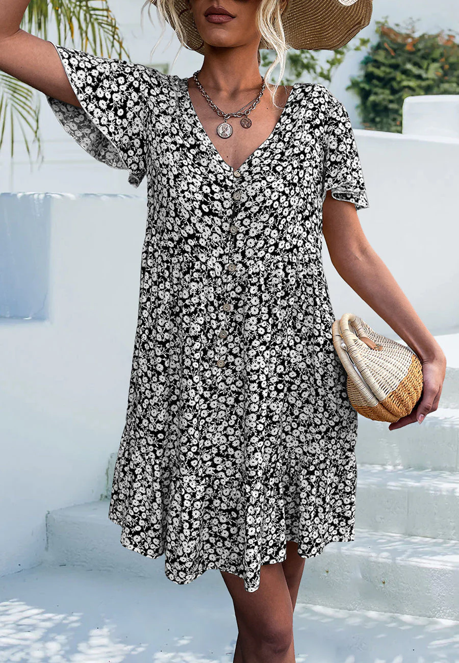 Ditsy Floral Print Flutter Sleeve Dress - Image 12