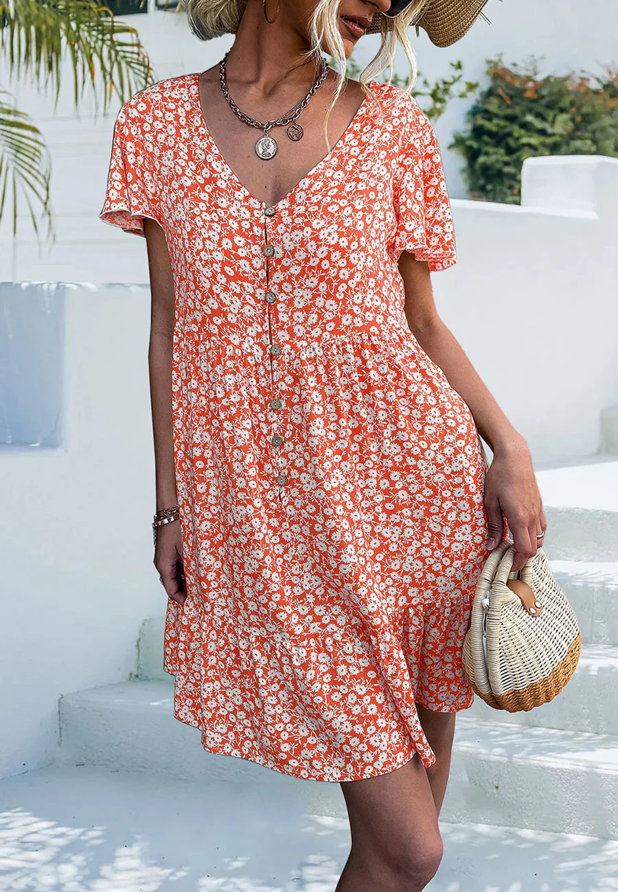 Ditsy Floral Print Flutter Sleeve Dress - Image 15