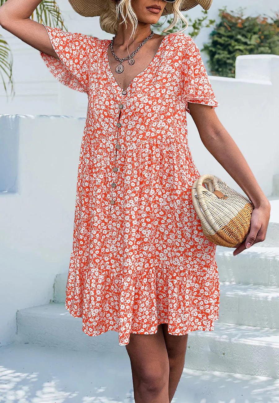 Ditsy Floral Print Flutter Sleeve Dress - Image 17