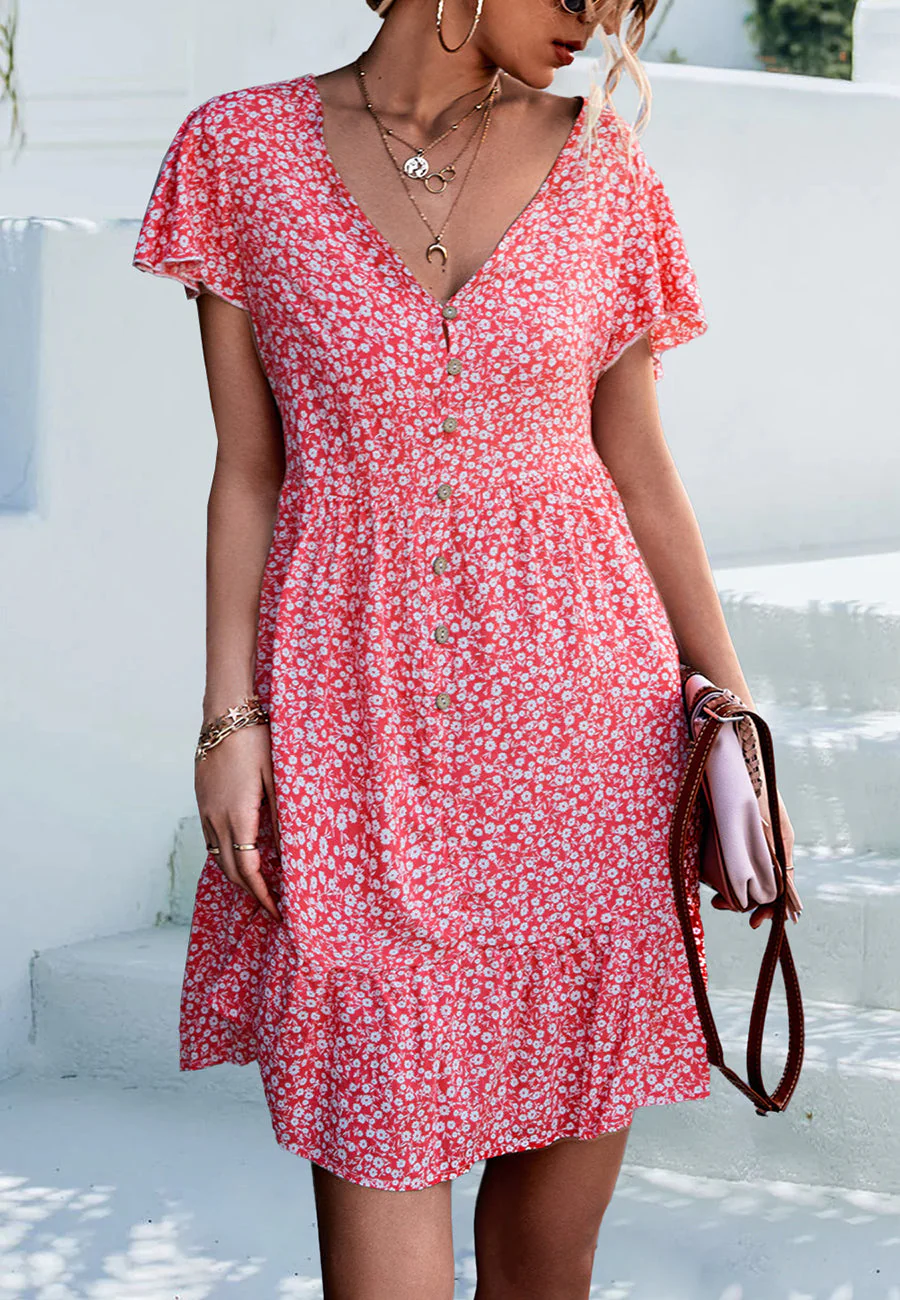 Ditsy Floral Print Flutter Sleeve Dress - Image 20