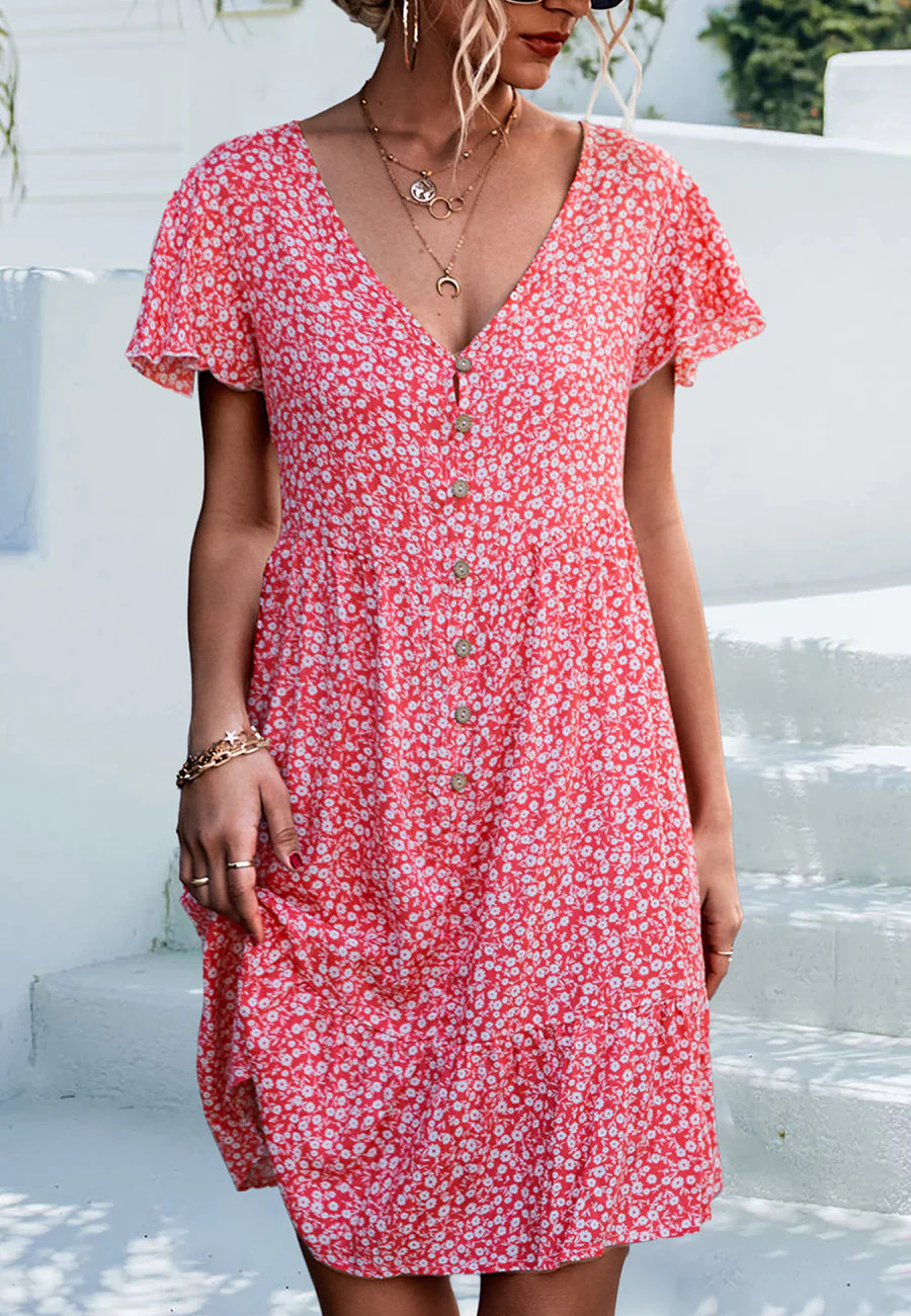 Ditsy Floral Print Flutter Sleeve Dress - Image 23