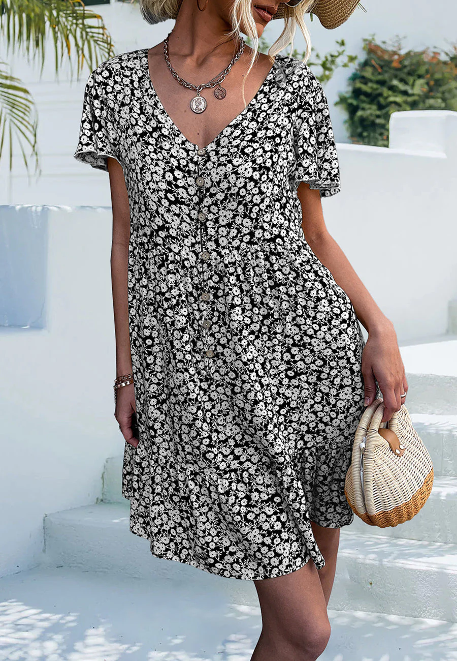 Ditsy Floral Print Flutter Sleeve Dress - Image 9