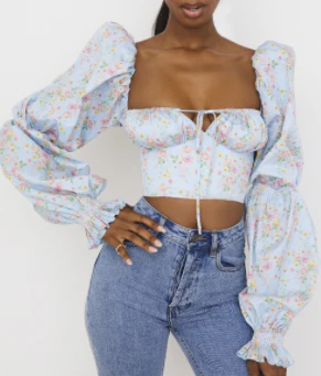 Ditsy Floral Puff Peasant Sleeve Keyhole Crop Top - Image 4