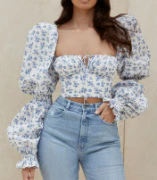 Ditsy Floral Puff Peasant Sleeve Keyhole Crop Top - Image 5