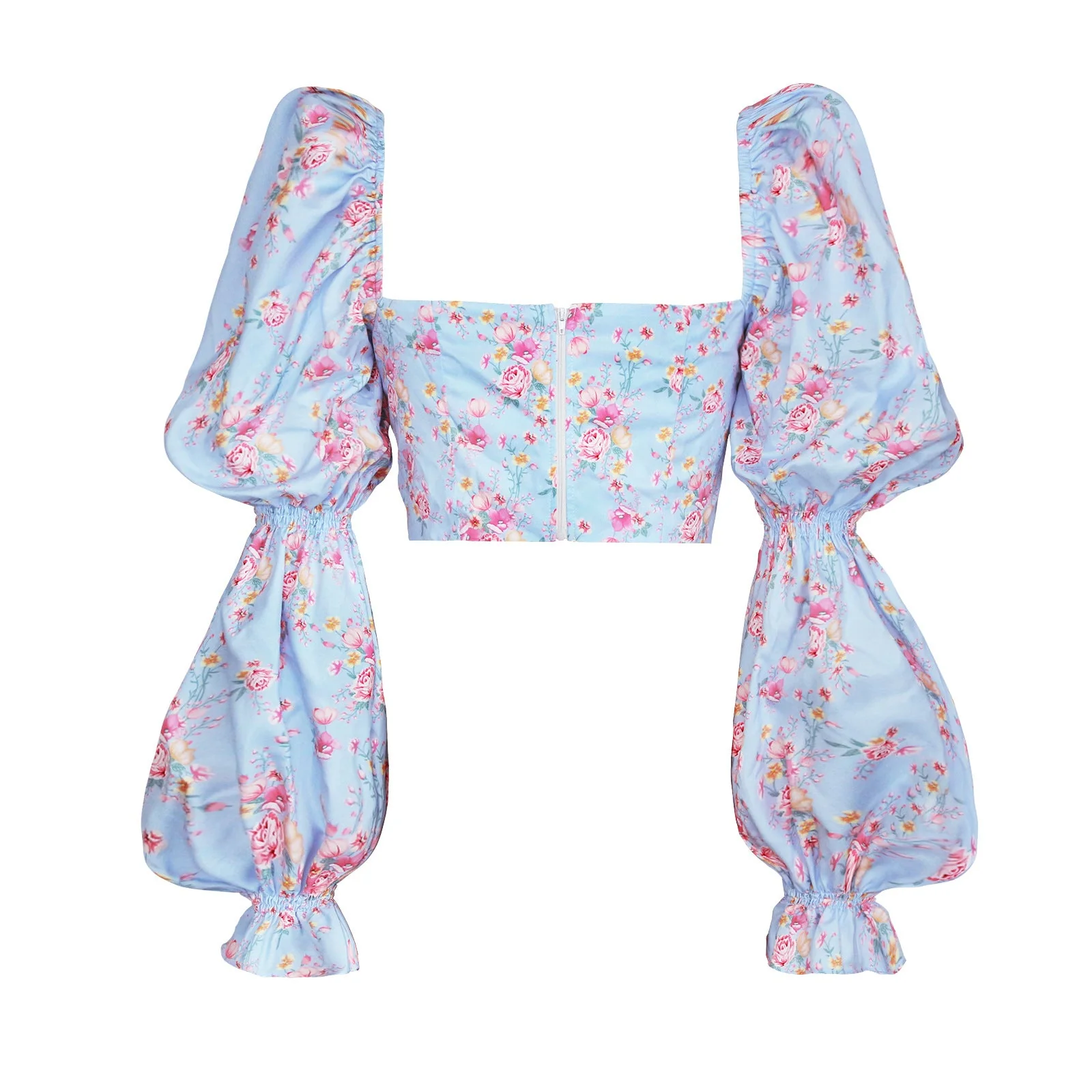 Ditsy Floral Puff Peasant Sleeve Keyhole Crop Top - Image 8