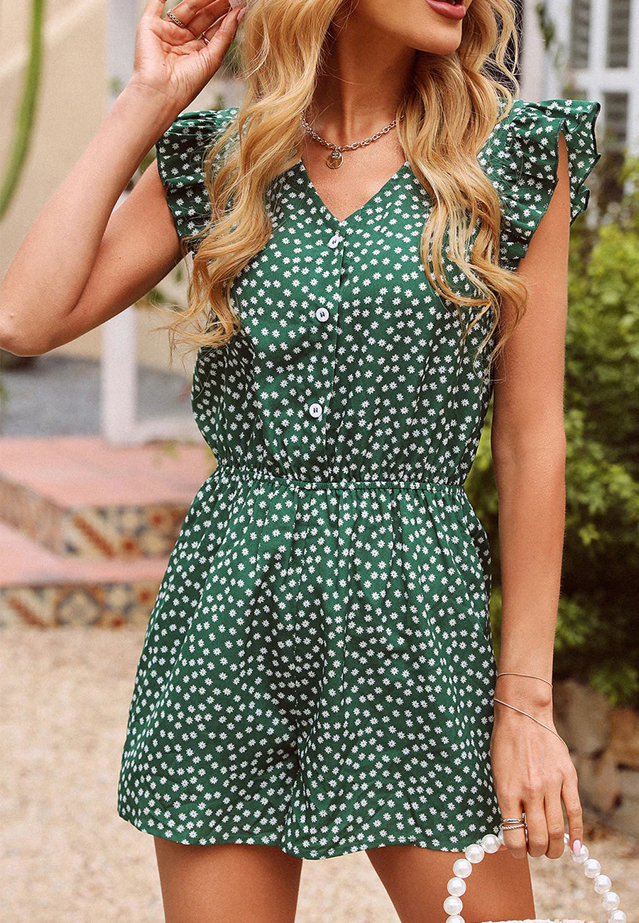 Ditsy Floral Ruffle Shoulder Romper - Image 2