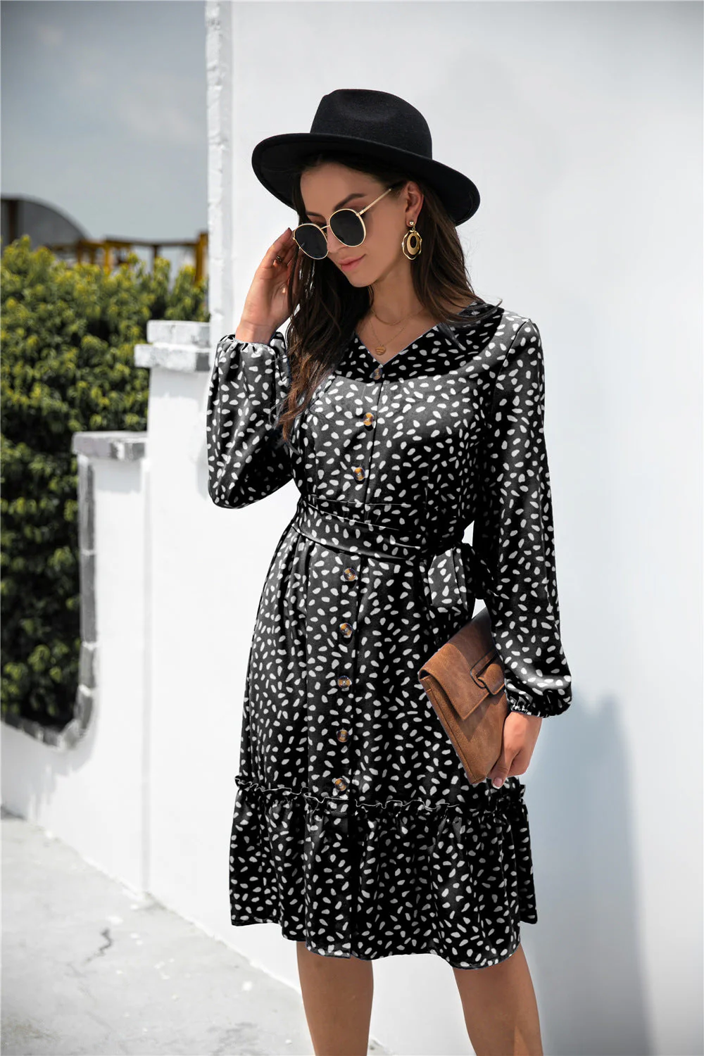 Dot Print Button Ruffle Tunic Dress - Image 2