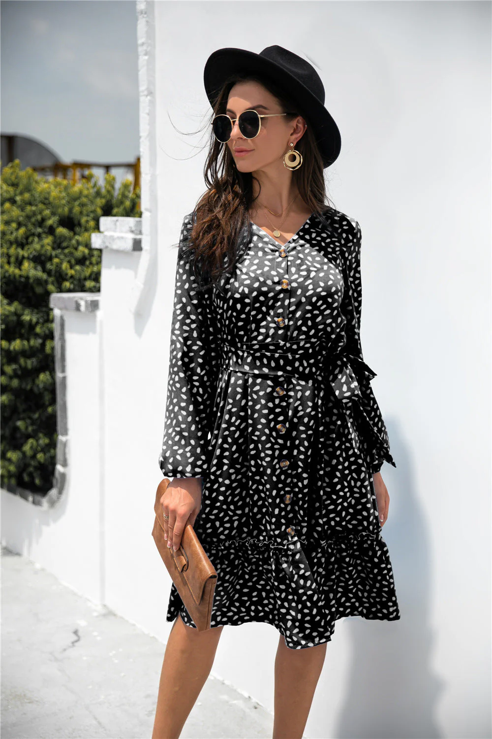Dot Print Button Ruffle Tunic Dress - Image 3