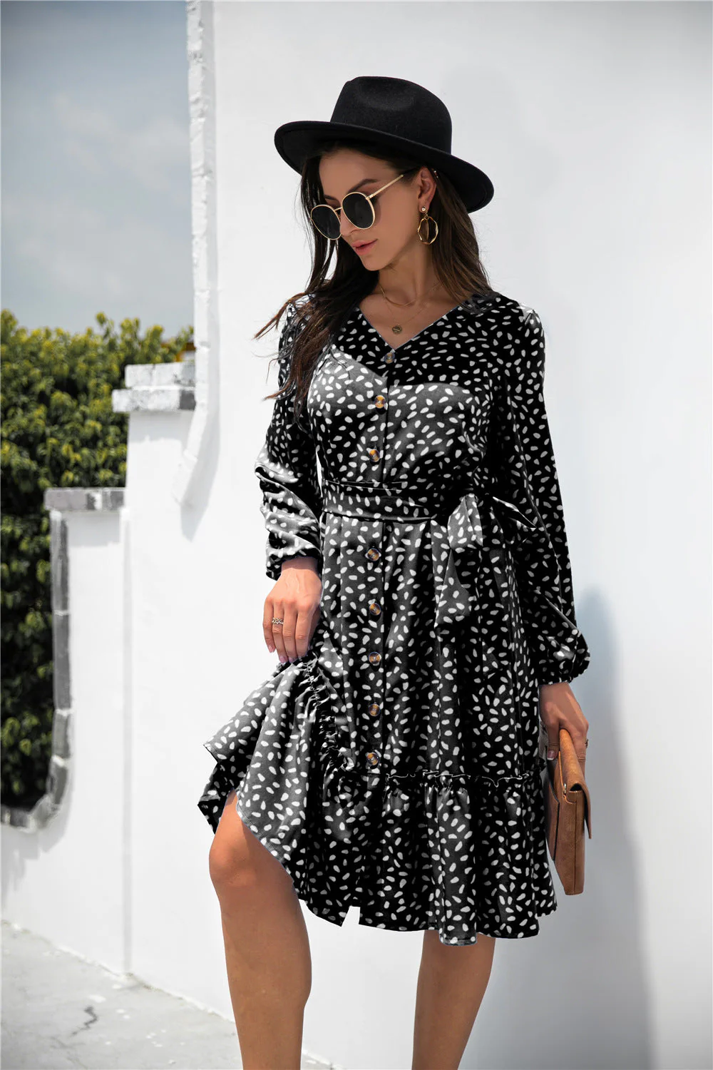 Dot Print Button Ruffle Tunic Dress - Image 4