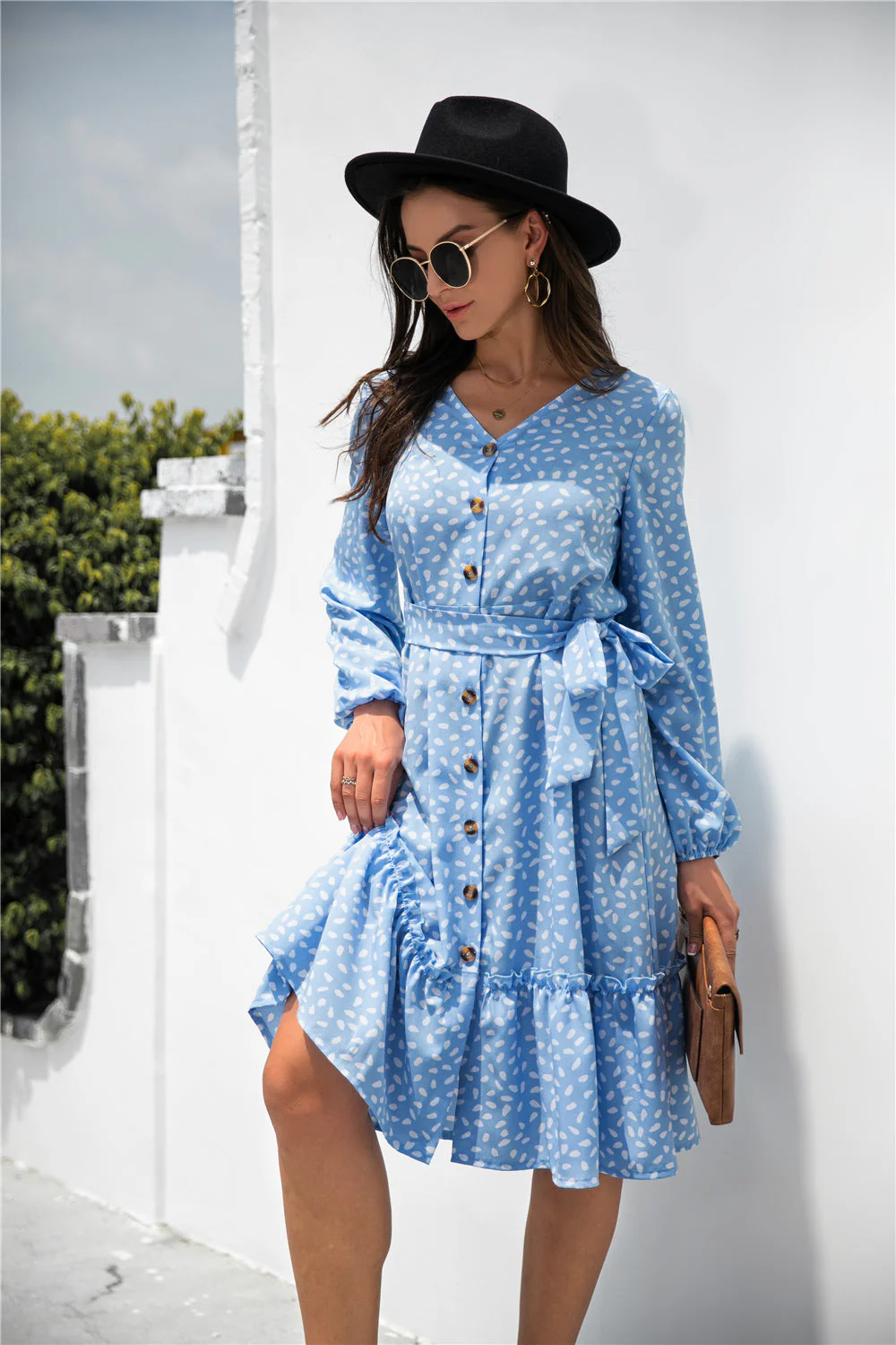 Dot Print Button Ruffle Tunic Dress - Image 9