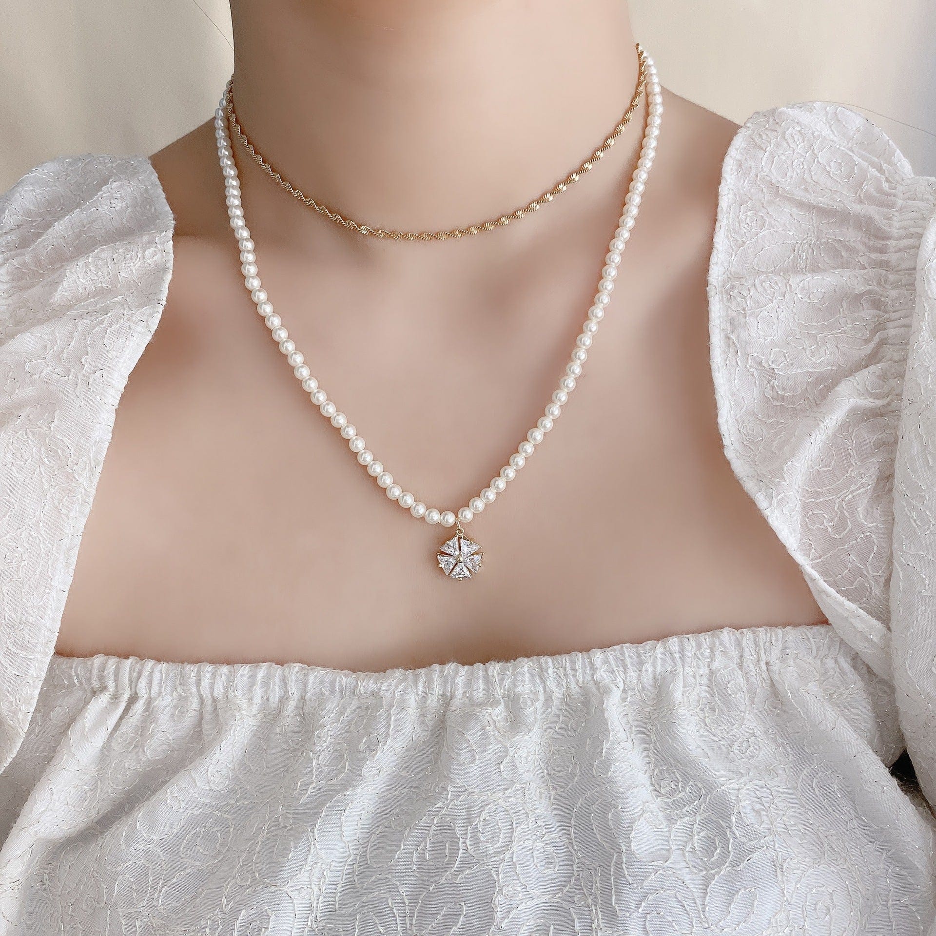 Double Layered Crystal Flower Pendant Necklace - Image 3