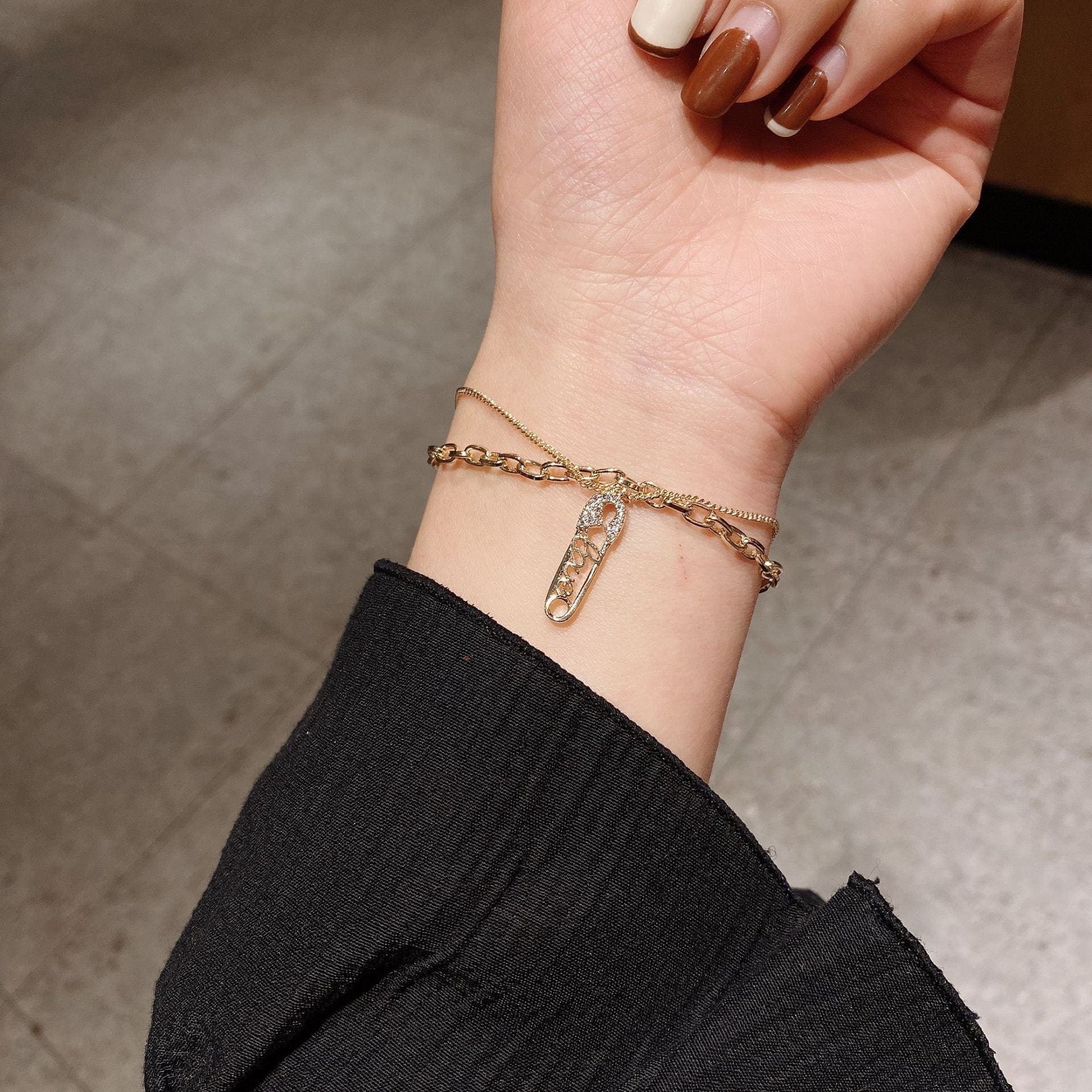 Double Layered Gold Chain Bracelet with Safety Pin Charm - Image 3