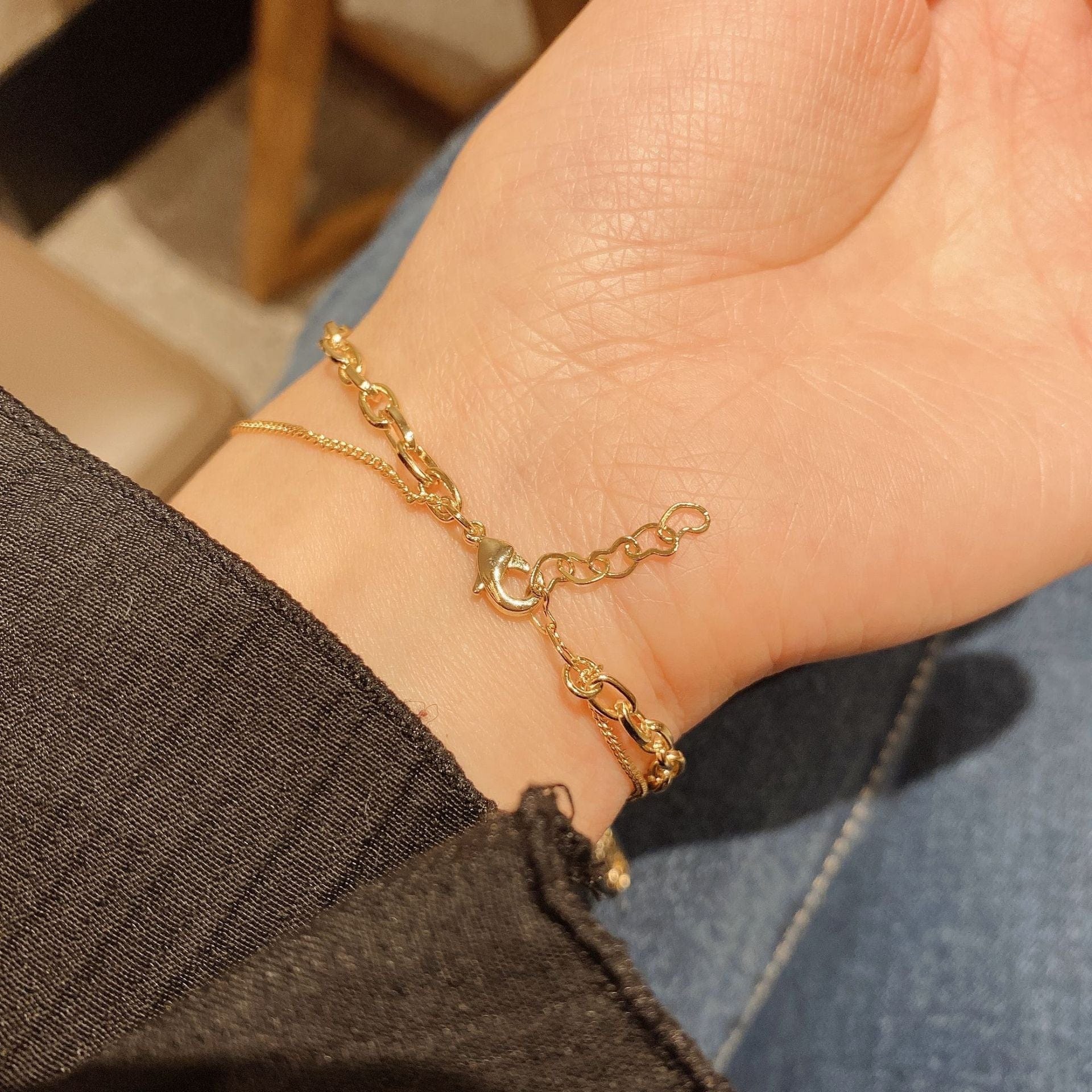 Double Layered Gold Chain Bracelet with Safety Pin Charm - Image 4