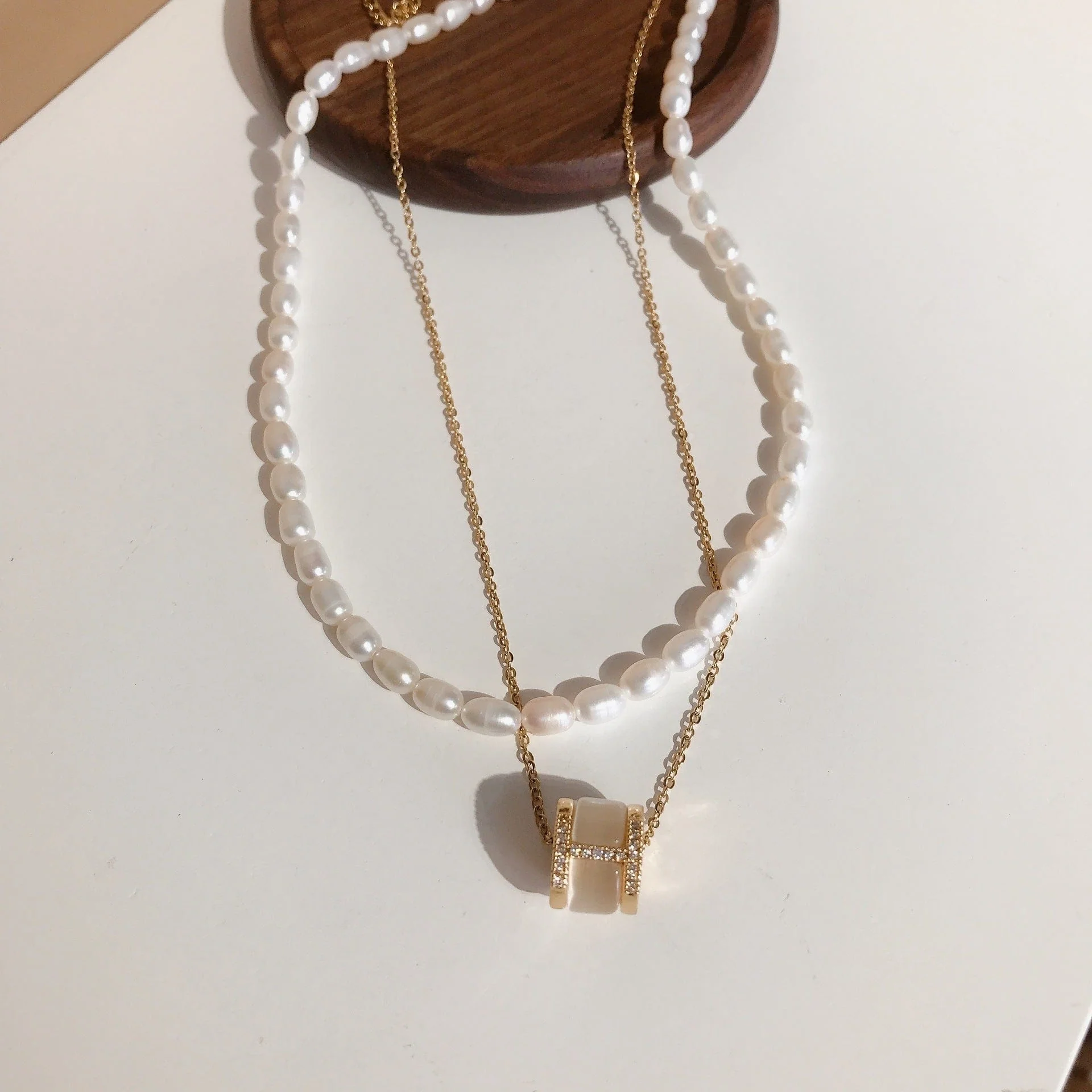 Double Layered Iridescent Stone and Pearl Necklace - Image 2