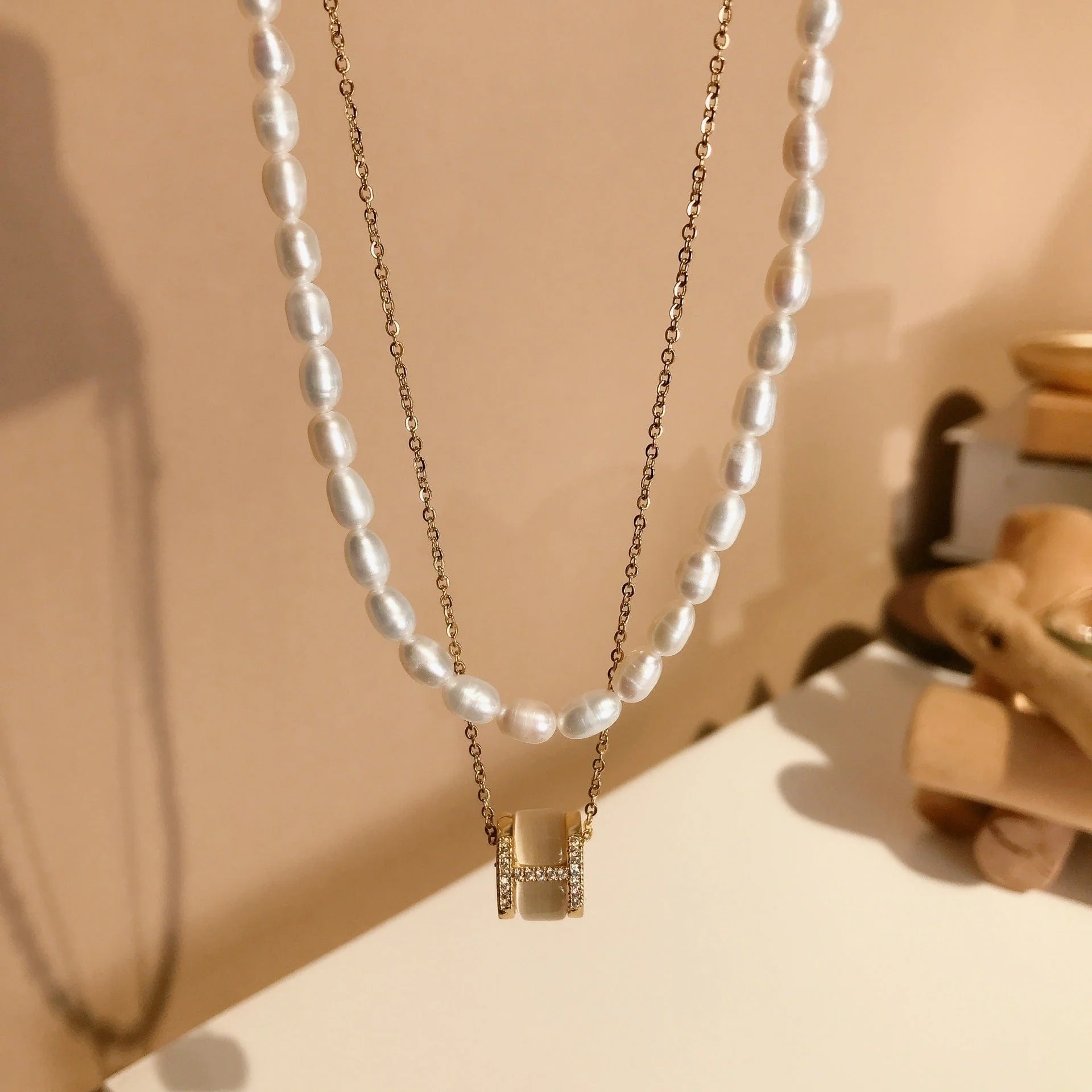 Double Layered Iridescent Stone and Pearl Necklace - Image 5