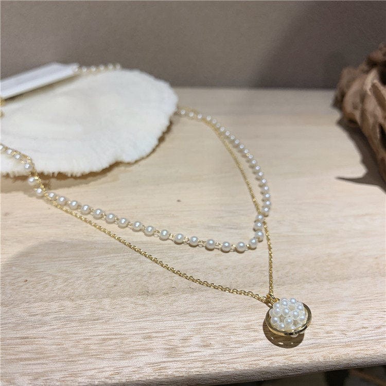 Double Layered Pearl and Gold Chain Necklace - Image 2