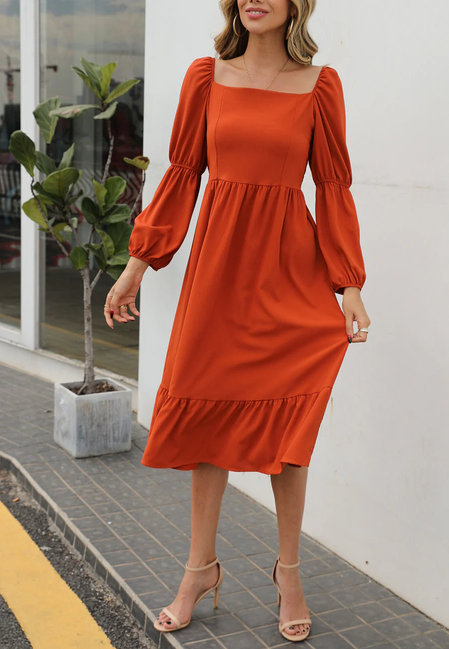 Double Puff Sleeve Solid Dress - Image 10
