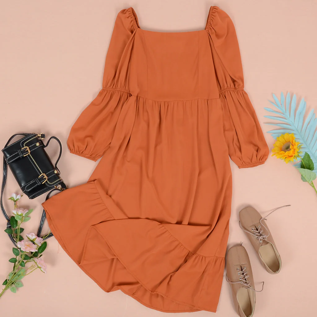 Double Puff Sleeve Solid Dress - Image 15