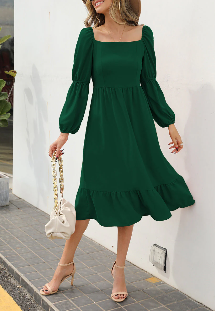 Double Puff Sleeve Solid Dress - Image 4