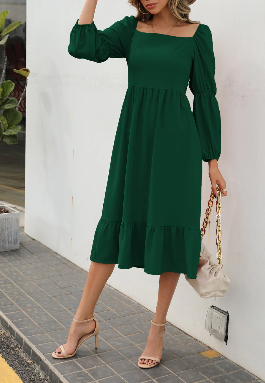 Double Puff Sleeve Solid Dress - Image 7