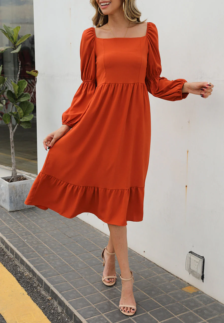 Double Puff Sleeve Solid Dress - Image 9