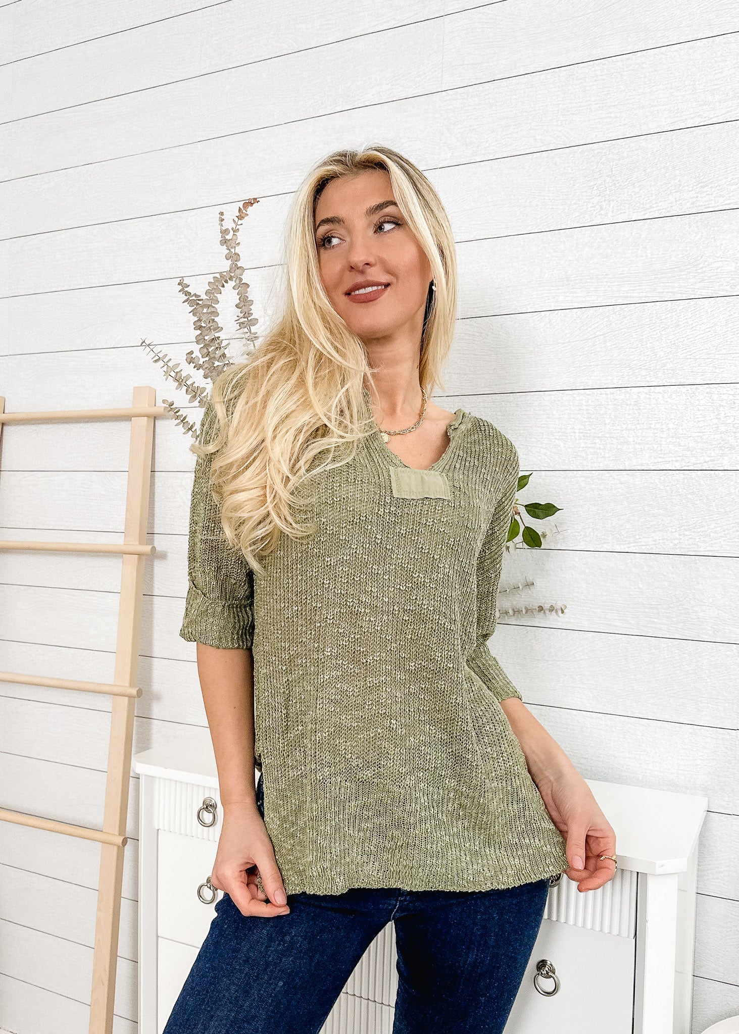 Drop Shoulder 3/4 Length Sweater - Image 2