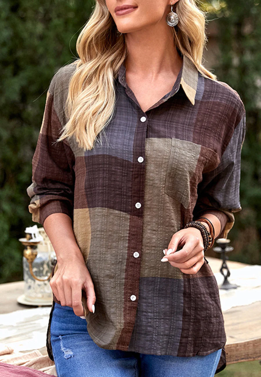 Drop Shoulder Button Down Plaid Polo