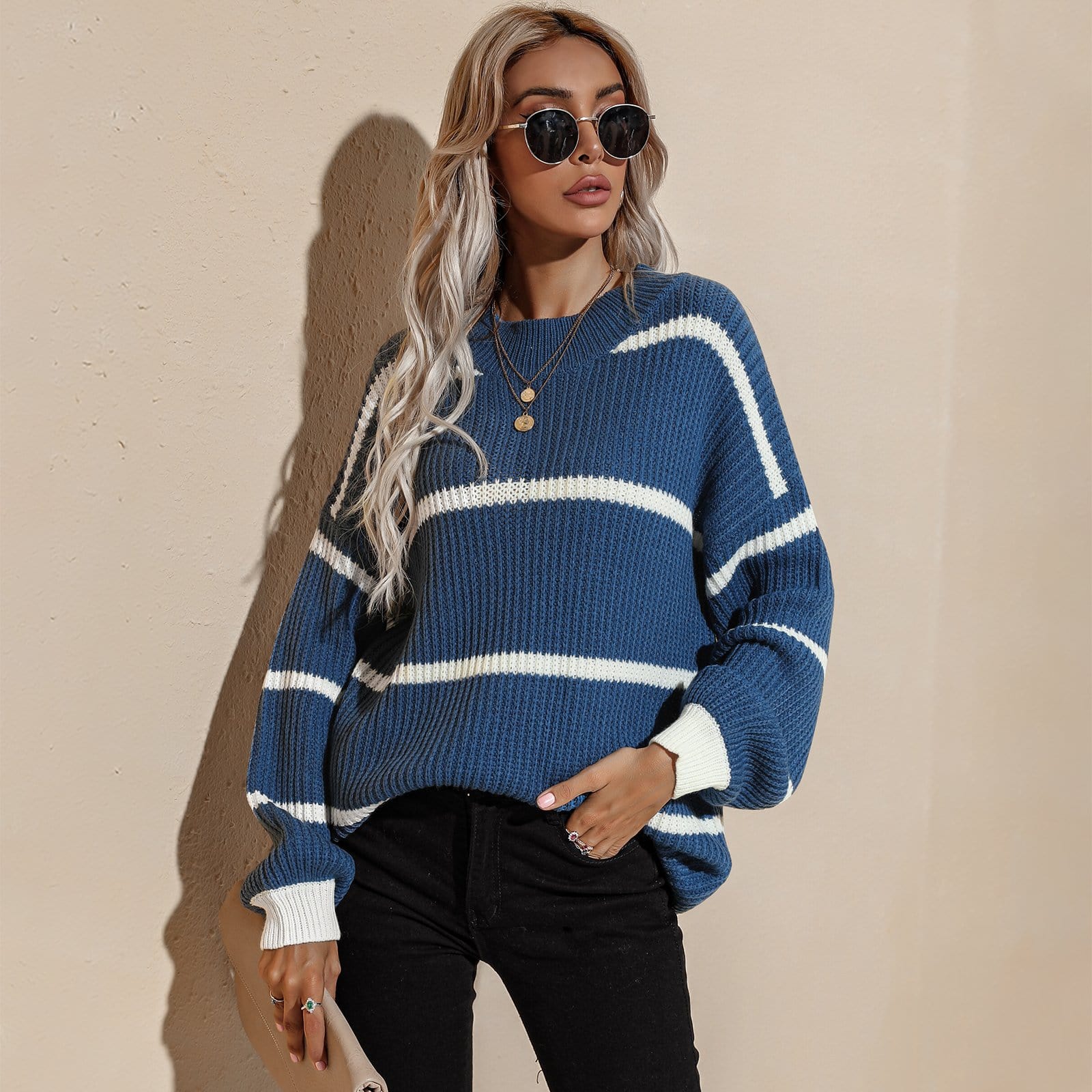 Drop Shoulder Striped Oversized Knit Sweater - Image 11