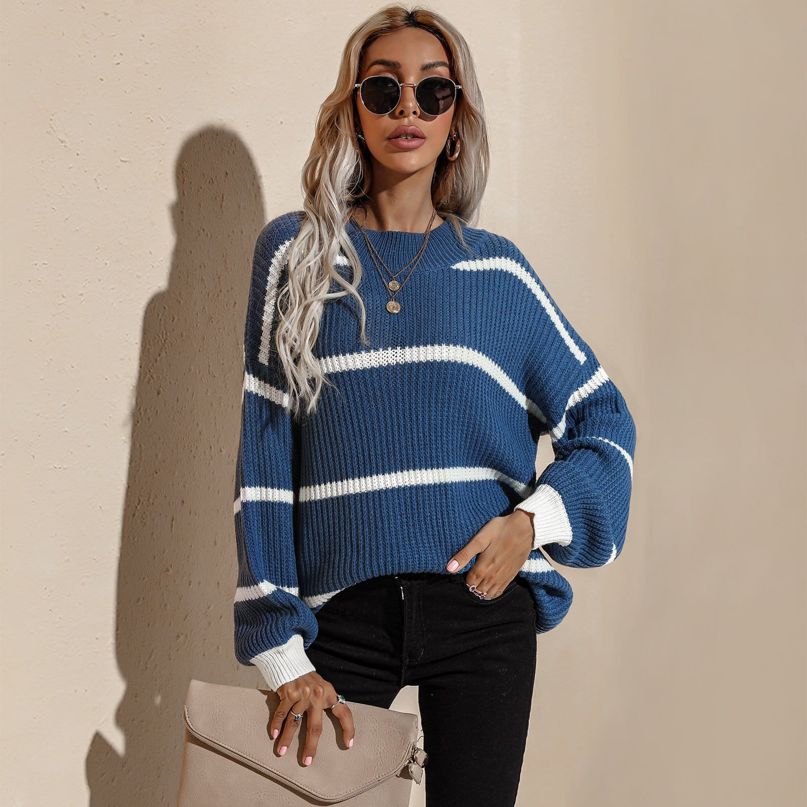 Drop Shoulder Striped Oversized Knit Sweater - Image 12