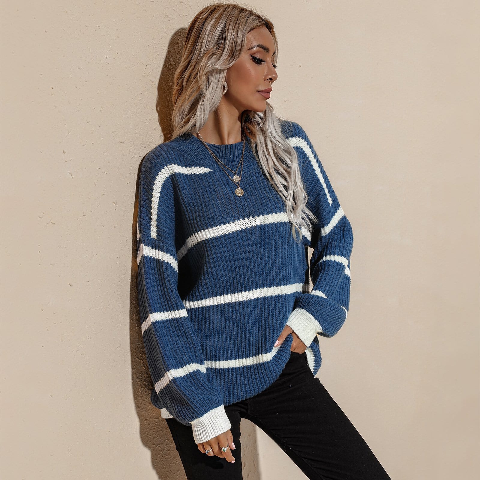 Drop Shoulder Striped Oversized Knit Sweater - Image 13